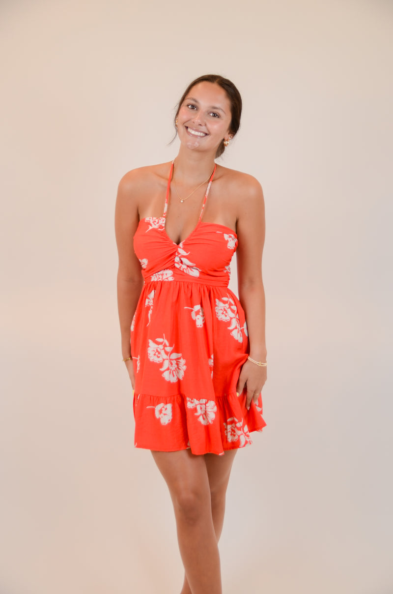 Red Halter Dress with Floral Print