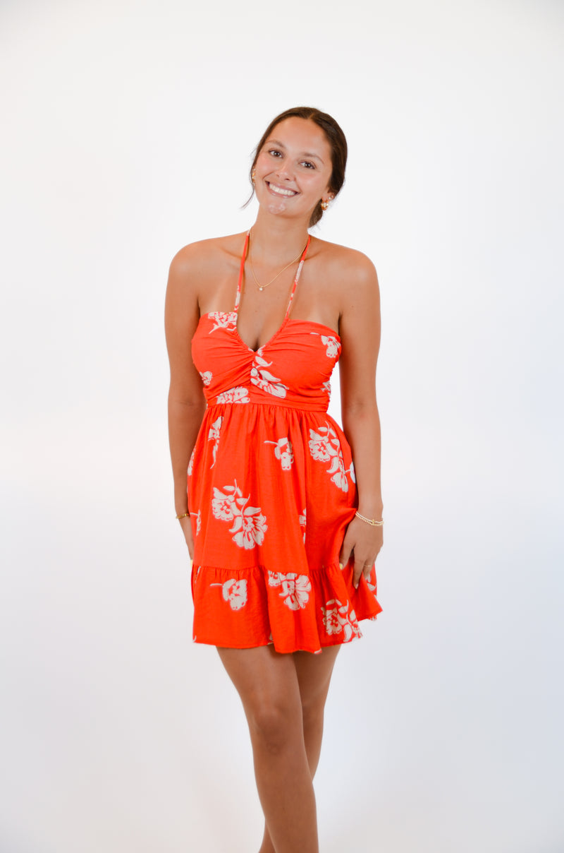 Red Halter Dress with Floral Print