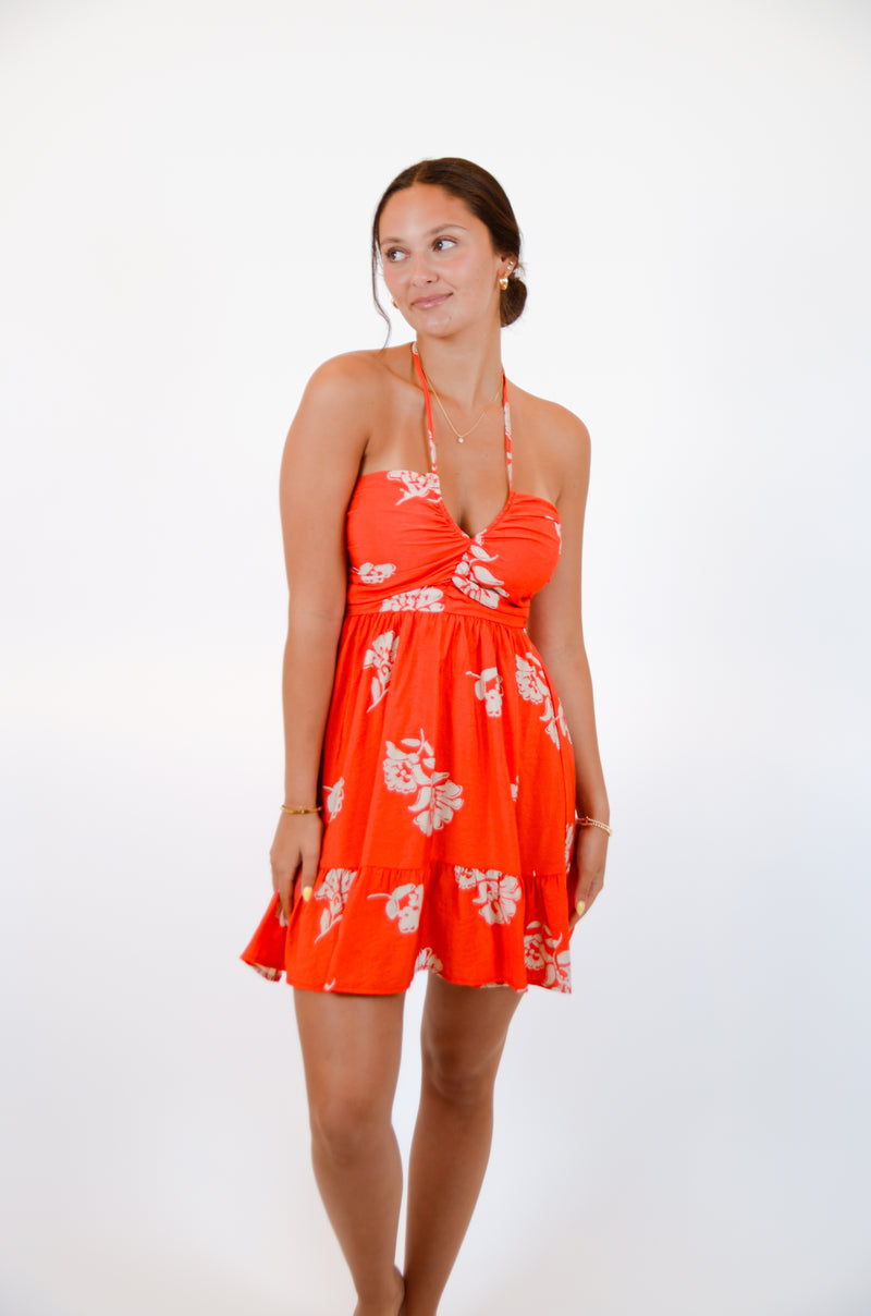 Red Halter Dress with Floral Print