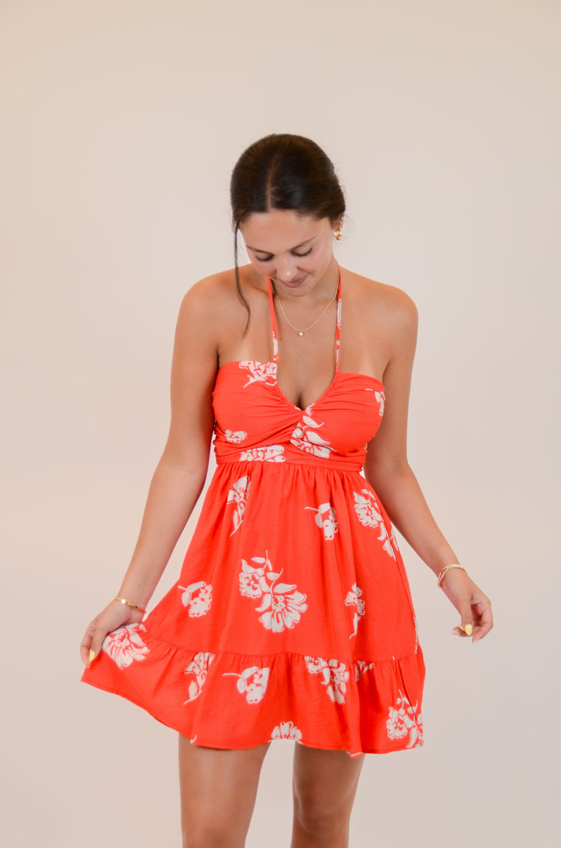 Red Halter Dress with Floral Print