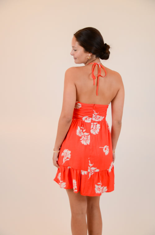 Red Halter Dress with Floral Print