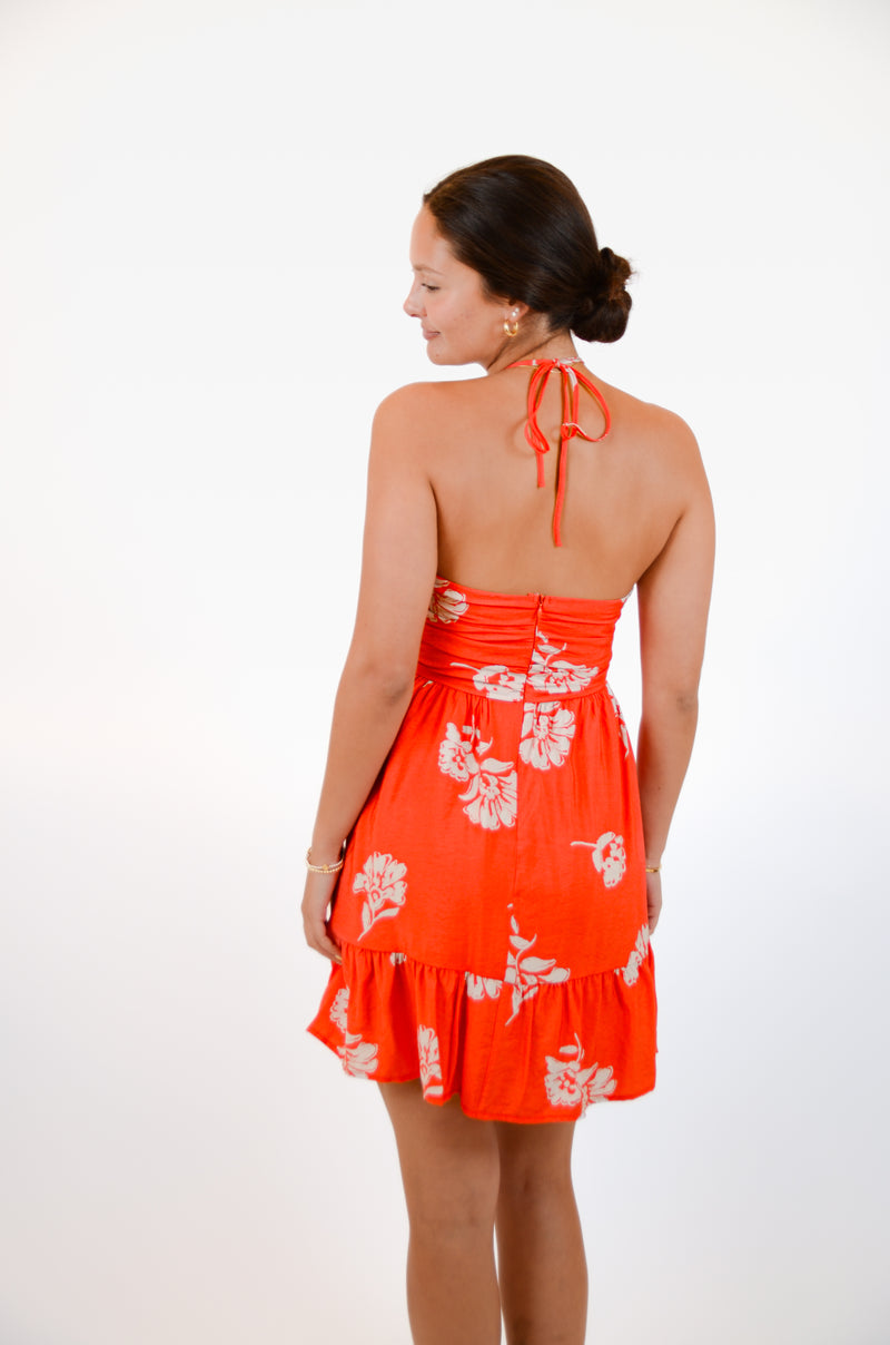 Red Halter Dress with Floral Print