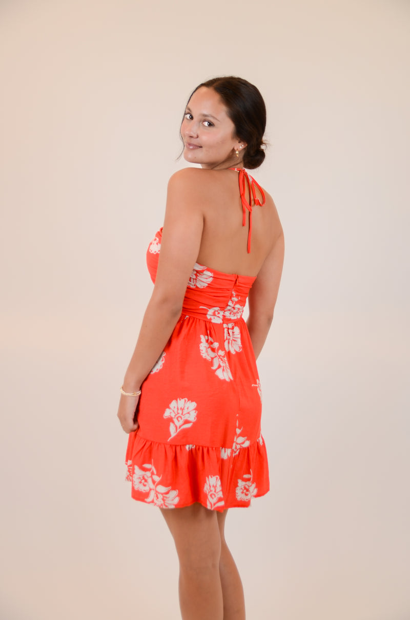 Red Halter Dress with Floral Print