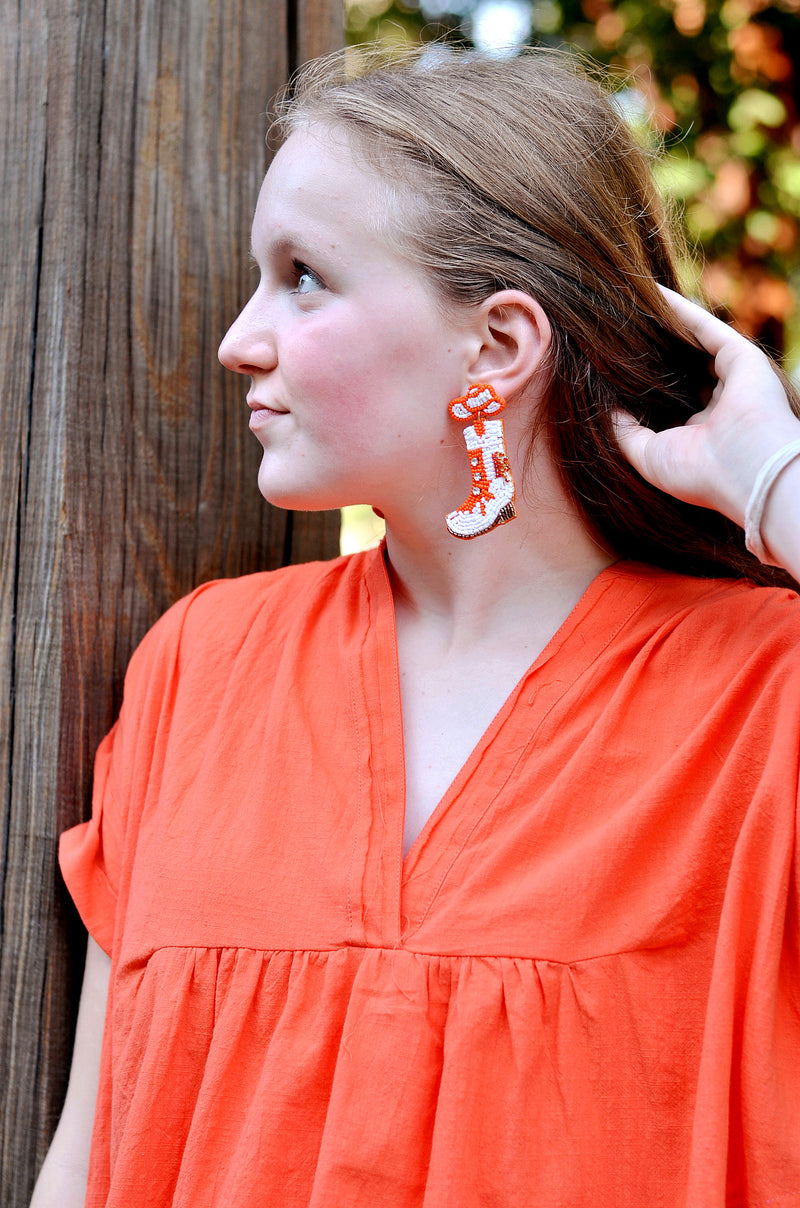 Orange and White Beaded Cowboy Earrings