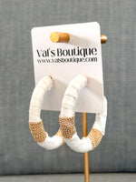 Raffia and Gold Beaded Accent Earrings, White