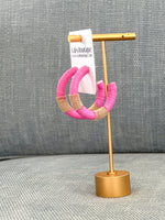 Raffia and Gold Beaded Accent Hoop Earrings, Pink